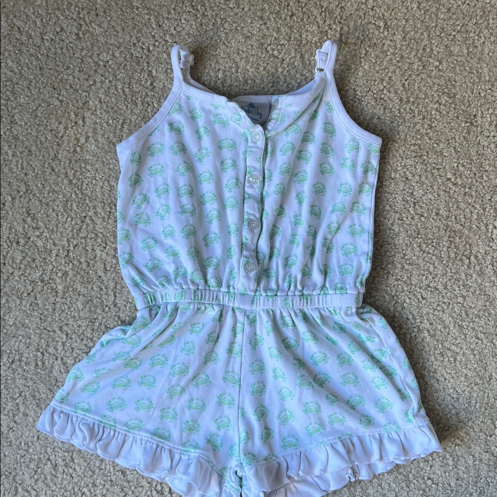 White and Green Crab Romper PJs EUC